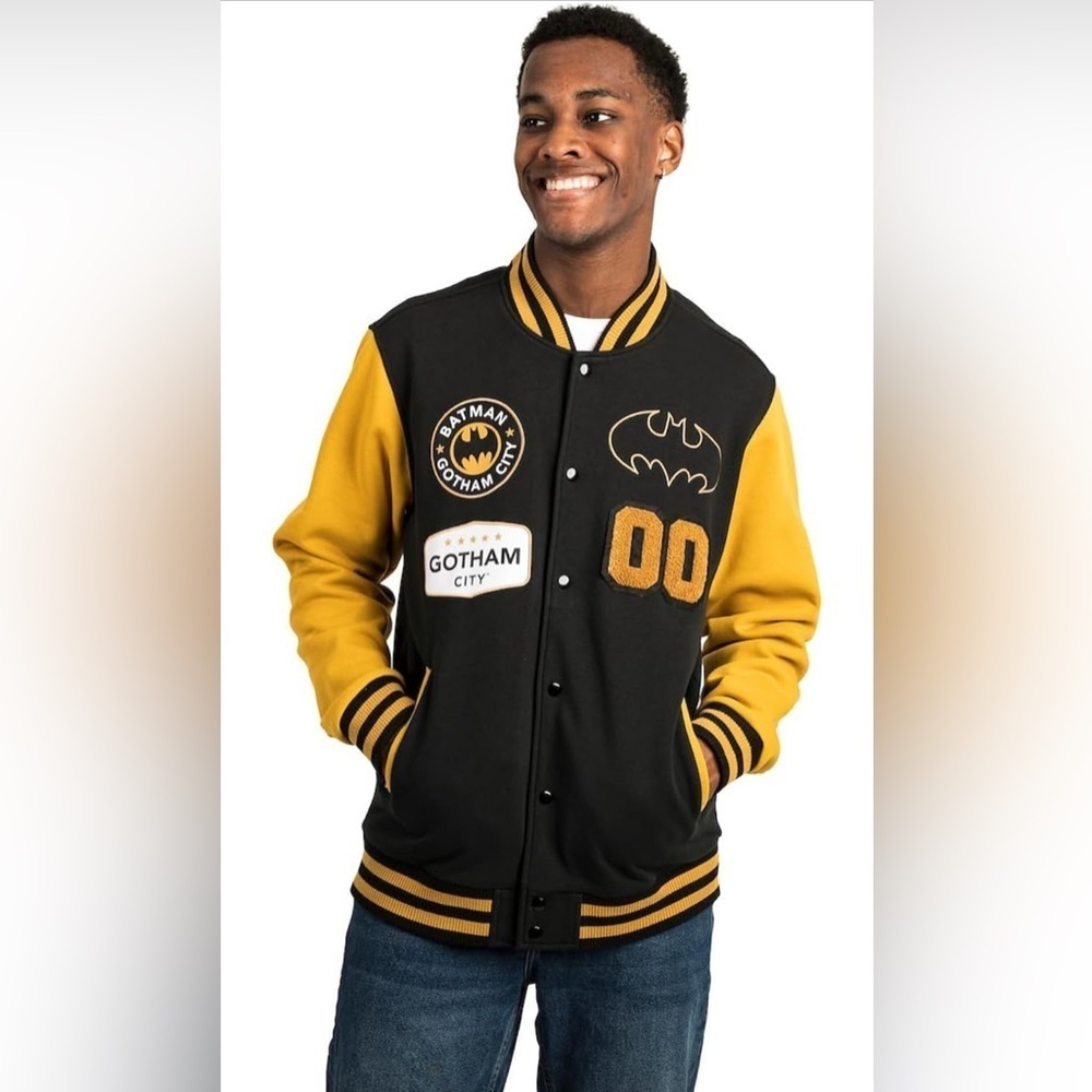 NWT- Bioworld Batman Adult Unisex Varsity Jacket  SIZE: Small COLOR: Black/Gold